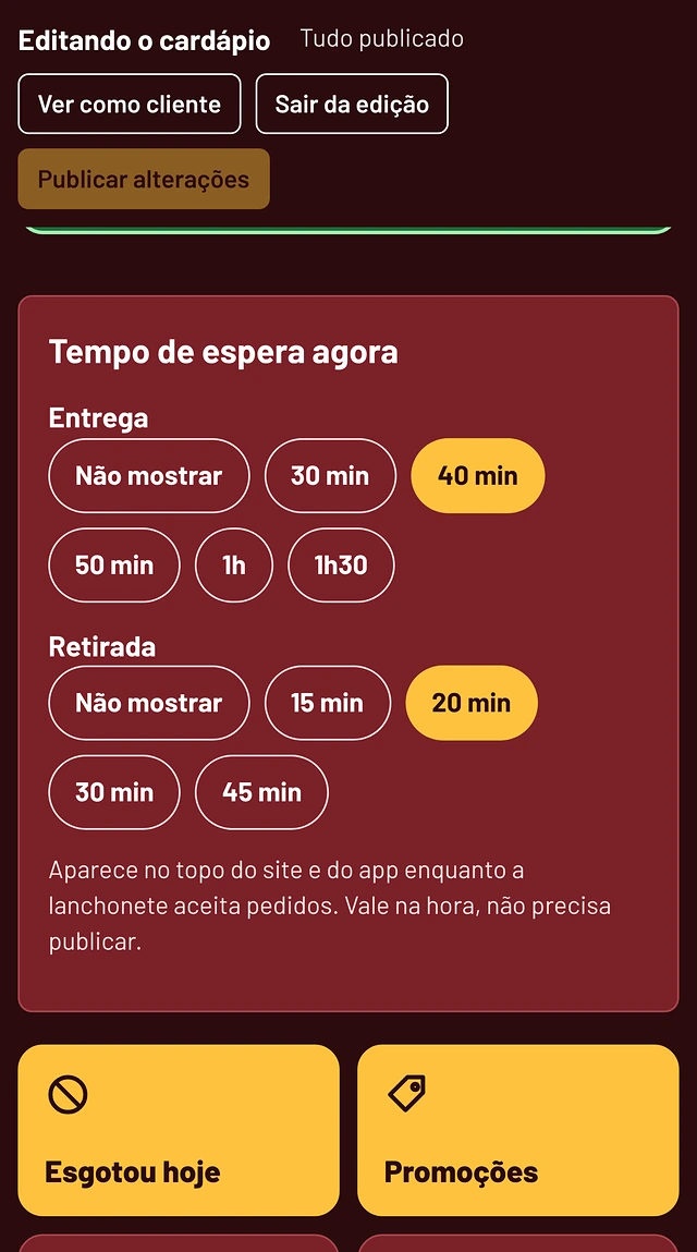 App do dono com a loja aberta e o tempo de espera