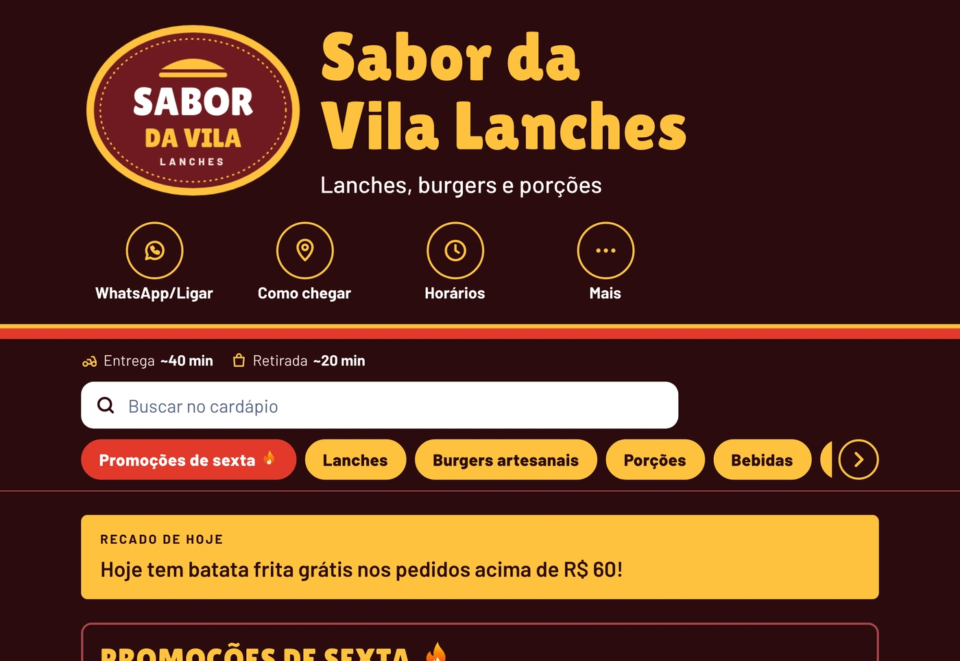 Site do cardápio de exemplo, com logo, atalhos, recado do dia e promoções